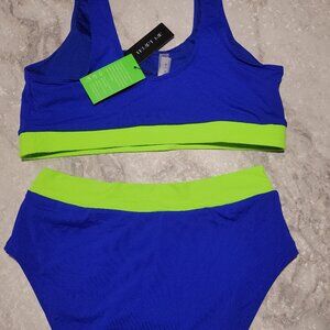 Tempt Me Blue & Neon Green Colorblock Bikini Set | High-Waist V-Front | Large NW